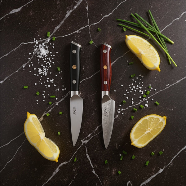 Two knives on a dark marble surface with lemon slices and herbs.