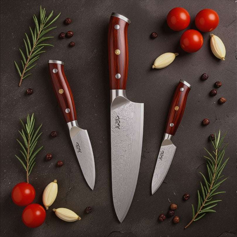 Set of three knives with red handles on a dark surface with vegetables and herbs.