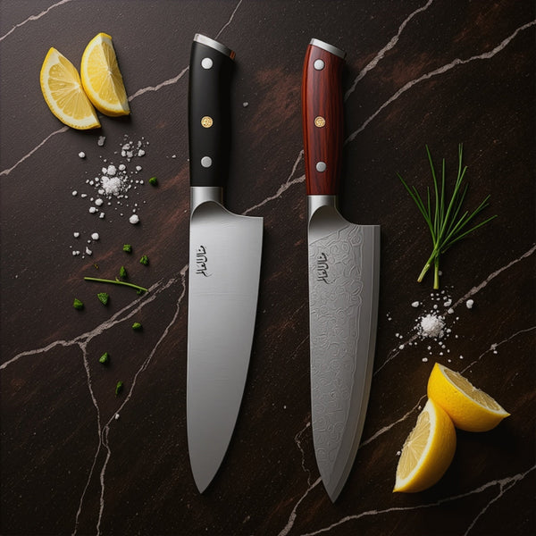 Two chef's knives with different handles on a dark marble surface with lemon slices and herbs.
