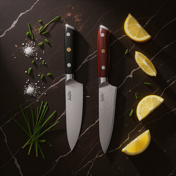 Two knives on a dark surface with lemon slices and herbs.