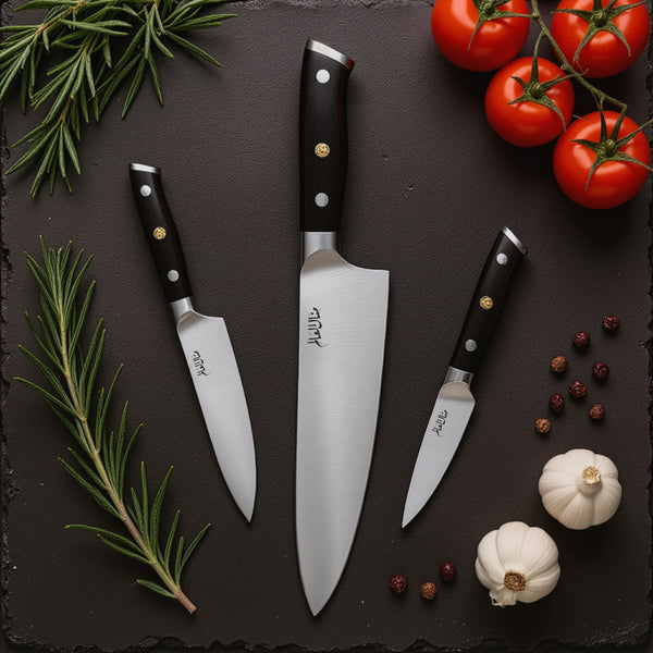 Three knives on a dark surface with herbs and tomatoes