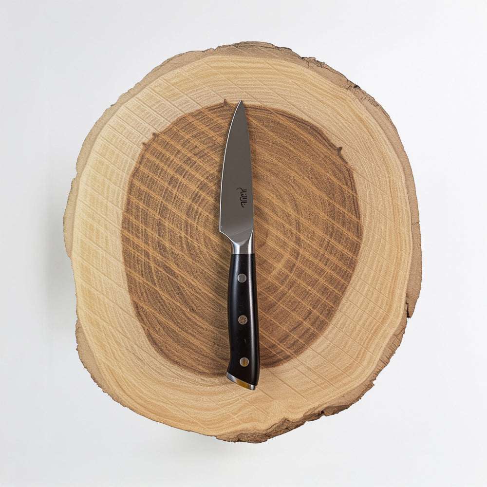 Knife with a black handle on a wooden cutting board against a white background